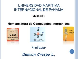 Química I
Nomenclatura de Compuestos Inorgánicos
UNIVERSIDAD MARÍTIMA
INTERNACIONAL DE PANAMÁ
Profesor
Damian Crespo L.
 