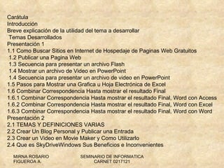 Carátula Introducción Breve explicación de la utilidad del tema a desarrollar  Temas Desarrollados Presentación 1 1.1  Como Buscar Sitios en Internet de Hospedaje de Paginas Web Gratuitos  1.2 Publicar una Pagina Web  1.3 Secuencia para presentar un archivo Flash  1.4 Mostrar un archivo de Video en PowerPoint  1.4 Secuencia para presentar un archivo de video en PowerPoint 1.5 Pasos para Mostrar una Grafica u Hoja Electrónica de Excel 1.6 Combinar Correspondencia Hasta mostrar el resultado Final 1.6.1 Combinar Correspondencia Hasta mostrar el resultado Final, Word con Access 1.6.2 Combinar Correspondencia Hasta mostrar el resultado Final, Word con Excel 1.6.3 Combinar Correspondencia Hasta mostrar el resultado Final, Word con Word Presentación 2 2.1 TEMAS Y DEFINICIONES VARIAS 2.2 Crear Un Blog Personal y Publicar una Entrada 2.3 Crear un Video en Movie Maker y Como Utilizarlo  2.4 Que es SkyDriveWindows Sus Beneficios e Inconvenientes 