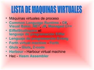 • Máquinas virtuales de proceso
• Common Language Runtime - C#,
  Visual Basic .NET, J#, Managed C++
• EiffelStudiopara el
  lenguaje de programación Eiffel
• Lenguaje de programación Erlang
• Forth virtual machine - Forth
• Glulx - Glulx, Z-code
• Harbour - Harbour virtual machine
• Hec - Hasm Assembler
 