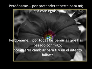 Perdóname... por pretender tenerte para mí;por este egoísmoPerdóname... por todas las penurias que has pasado conmigo;por querer cambiar para ti y en el intento fallarte