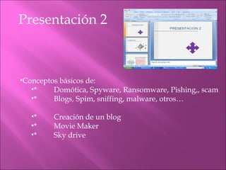Presentación 2 Conceptos básicos de: * Domótica, Spyware, Ransomware, Pishing,, scam * Blogs, Spim, sniffing, malware, otros… *  Creación de un blog * Movie Maker * Sky drive 