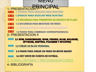 MENÚ
              PRINCIPAL
1- PRESENTACION 1




2- PRESENTACION II




3- CONCLUSIONES Y RECOMENDACIONES
4- BIBLIOGRAFÍA
 