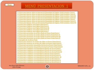 30/01/2015 4:25 a. m.
7
Ana Kare Ortiz Herrera
IDE 0711446
MENÚ PRESENTACION 1
1.1 Pasos para buscar sitios en Internet de Hospedaje de Paginas Web Gratuitos Parte I
1.1 Pasos para buscar sitios en Internet de Hospedaje de Paginas Web Gratuitos Parte II
1.1 Pasos para buscar sitios en Internet de Hospedaje de Paginas Web Gratuitos Parte III
1.1 Pasos para buscar sitios en Internet de Hospedaje de Paginas Web Gratuitos Parte IV
1.1 Pasos para buscar sitios en Internet de Hospedaje de Paginas Web Gratuitos Parte V
1.1 Pasos para buscar sitios en Internet de Hospedaje de Paginas Web Gratuitos Parte VI
1.1 Pasos para buscar sitios en Internet de Hospedaje de Paginas Web Gratuitos Parte VII
1.2 Pasos para Publicar una Pagina Web Parte I
1.2 Pasos para Publicar una Pagina Web Parte II
1.2 Pasos para Publicar una Pagina Web Parte III
1.2 Pasos para Publicar una Pagina Web Parte IV
1.2 Pasos para Publicar una Pagina Web Parte V
1.3 Pasos para presentar un archivo flash en Power Point Parte I
1.3 Pasos para presentar un archivo flash en Power Point Parte II
1.3 Pasos para presentar un archivo flash en Power Point Parte III
1.3 Pasos para presentar un archivo flash en Power Point Parte IV
1.3 Ejemplos de Archivos Flash
1.4 Pasos para mostrar un archivo de Video en Power Point Parte I
1.4 Pasos para mostrar un archivo de Video en Power Point Parte II
1.5 Pasos para presentar una grafica de Excel en Power Point Parte I
1.5 Pasos para presentar una grafica de Excel en Power Point Parte II
1.6 Pasos para combinar correspondencia Word con Access Parte I
1.6 Pasos para combinar correspondencia Word con Access Parte II
1.6 Pasos para combinar correspondencia Word con Access Parte III
1.6 Pasos para combinar correspondencia Word con Excel Parte I
1.6 Pasos para combinar correspondencia Word con Excel Parte II
1.6 Pasos para combinar correspondencia Word con Excel Parte III
1.6 Pasos para combinar correspondencia Word con Word Parte I
1.6 Pasos para combinar correspondencia Word con Word Parte II
1.6 Pasos para combinar correspondencia Word con Word Parte II
Menú
 