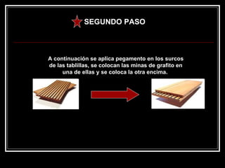 SEGUNDO PASO  A continuación se aplica pegamento en los surcos de las tablillas, se colocan las minas de grafito en una de ellas y se coloca la otra encima.   