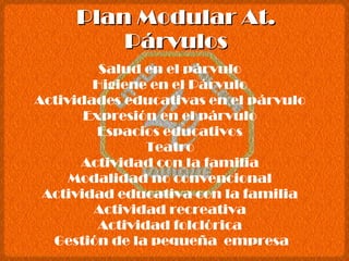 Plan Modular At. Párvulos Salud en el párvulo Higiene en el Párvulo Actividades educativas en el párvulo Expresión en el párvulo Espacios educativos Teatro Actividad con la familia Modalidad no convencional Actividad educativa con la familia Actividad recreativa Actividad folclórica Gestión de la pequeña  empresa 