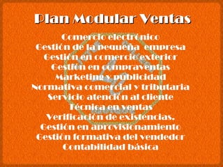 Plan Modular Ventas Comercio electrónico Gestión de la pequeña  empresa Gestión en comercio exterior Gestión en compraventas Marketing y publicidad Normativa comercial y tributaria Servicio atención al cliente Técnica en ventas Verificación de existencias. Gestión en aprovisionamiento Gestión formativa del vendedor Contabilidad básica 
