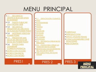 MENU PRINCIPAL
•1.1 SECUENCIA
 GRAFICA BUSCAR SITIOS     • 2.1 EXPLICACION Y EJEMPLO.
 EN INTERNET               • SPIM
•1.2 PASOS PUBLICAR        • RANSOMWARE
 UNA PAGINA WEB            • SPAM
•1.3 SECUENCIA             • PISHING
 PRESENTAR UN ARCHIVO      • SCAM
 DE FLASH EN POWER POINT   • MALWARE
                                                           •CARATULA
•1.4 MOSTRAR VIDEO EN      • SPYWARE
                           • SNIFFING                      •INTRODUCCION
 POWER POINT
                           • PC ZOMBIE                     •EXPLIC UTILIDAD TEMAS
•1.5 PRESENTAR UNA
 HOJA DE ARCHIVO DE        • SPOOFING                      •CONCLUSIONES/RECOME
 EXCEL EN POWER POINT      • 2.2 SECUENCIA CREAR BLOG       NDACIONES
                             PERSONAL                      •BIBLIOGRAFIA
•1.6 PASOS PARA            • 2.3 PASOS PARA CREAR UN
 COMBINAR                    VIDEO EN MOVIE MAKER.
 CORRESPONDENCIA           • BENEFICIOS E INCONVENIENTES
•WORD CON ACCESS             DEL USO DE SKY DRIVE
•WORD CON EXCEL            • VER VIDEO FINAL DE MOVIE
                             MAKER
•WORD CON WORD


       PRES1                      PRES 2                   PRES 3
 