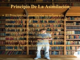 Principio De La Asimilación
• El Principio de asimilación se refiere a la
  interacción entre el nuevo material que será
  aprendido y la estructura cognoscitiva existente
  origina una reorganización de los nuevos y
  antiguos significados para formar una estructura
  cognoscitiva diferenciada, esta interacción de la
  información nueva con las ideas pertinentes que
  existen el la estructura cognitiva propician su
  asimilación.
 
