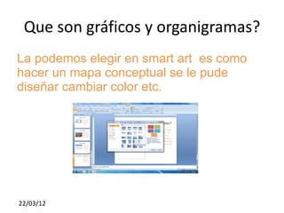 Que son gráficos y organigramas?
La podemos elegir en smart art es como
hacer un mapa conceptual se le pude
diseñar cambiar color etc.




22/03/12
 
