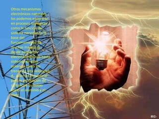 Otros mecanismos
electrónicos naturales
los podemos encontrar
en procesos biológicos ,
como la función del
sistema nervioso.es la
base del
funcionamiento de
muchas maquinas ,
desde pequeños
electrodomésticos hasta
sistemas de gran
potencia como los
trenes de alta velocidad
d,. Además es esencial
para la producción de
sustancias químicas
como el aluminio y el
cloro
 