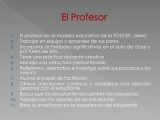 1.    El profesor en el modelo educativo de la FCECEP, debe:
2.    Trabajar en equipo y aprender de sus pares
3.    Incorporar actividades significativas en el aula de clase y
      por fuera de ella.
4.    Tiene una práctica docente creativa
5.    Maneja una estructura mental flexible
6.    Reflexiona, sistematiza e investiga sobre sus procesos y los
      mejora
7.    Asume el papel de facilitador
8.    Ofrece orientación continua y establece una relación
      personal con el estudiante
9.    Busca que los estudiantes encuentren las respuestas
10.   Trabaja con los aportes de los estudiantes
11.   Basa su enseñanza en la experiencia del estudiante
 