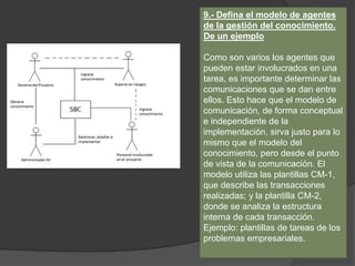 9.- Defina el modelo de agentes
de la gestión del conocimiento.
De un ejemplo
Como son varios los agentes que
pueden estar involucrados en una
tarea, es importante determinar las
comunicaciones que se dan entre
ellos. Esto hace que el modelo de
comunicación, de forma conceptual
e independiente de la
implementación, sirva justo para lo
mismo que el modelo del
conocimiento, pero desde el punto
de vista de la comunicación. El
modelo utiliza las plantillas CM-1,
que describe las transacciones
realizadas; y la plantilla CM-2,
donde se analiza la estructura
interna de cada transacción.
Ejemplo: plantillas de tareas de los
problemas empresariales.
 