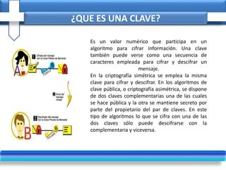 ¿QUE ES UNA CLAVE?
Es un valor numérico que participa en un
algoritmo para cifrar información. Una clave
también puede verse como una secuencia de
caracteres empleada para cifrar y descifrar un
mensaje.
En la criptografía simétrica se emplea la misma
clave para cifrar y descifrar. En los algoritmos de
clave pública, o criptografía asimétrica, se dispone
de dos claves complementarias una de las cuales
se hace pública y la otra se mantiene secreto por
parte del propietario del par de claves. En este
tipo de algoritmos lo que se cifra con una de las
dos claves sólo puede descifrarse con la
complementaria y viceversa.
 