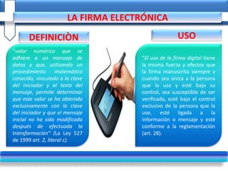 “valor numérico que se
adhiere a un mensaje de
datos y que, utilizando un
procedimiento matemático
conocido, vinculado a la clave
del iniciador y al texto del
mensaje, permite determinar
que este valor se ha obtenido
exclusivamente con la clave
del iniciador y que el mensaje
inicial no ha sido modificado
después de efectuada la
transformación” (La Ley 527
de 1999 art. 2, literal c).
“El uso de la firma digital tiene
la misma fuerza y efectos que
la firma manuscrita siempre y
cuando sea única a la persona
que la usa y esté bajo su
control, sea susceptible de ser
verificada, esté bajo el control
exclusivo de la persona que la
use, esté ligada a la
información o mensaje y esté
conforme a la reglamentación
(art. 28).
DEFINICIÒN USO
LA FIRMA ELECTRÓNICA
 
