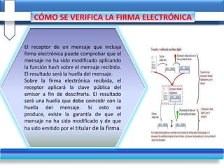 CÓMO SE VERIFICA LA FIRMA ELECTRÓNICA
El receptor de un mensaje que incluya
firma electrónica puede comprobar que el
mensaje no ha sido modificado aplicando
la función hash sobre el mensaje recibido.
El resultado será la huella del mensaje.
Sobre la firma electrónica recibida, el
receptor aplicará la clave pública del
emisor a fin de descifrarla. El resultado
será una huella que debe coincidir con la
huella del mensaje. Si esto se
produce, existe la garantía de que el
mensaje no ha sido modificado y de que
ha sido emitido por el titular de la firma.
 