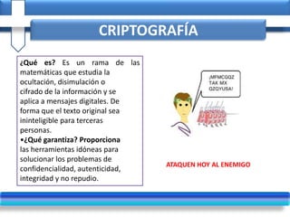 CRIPTOGRAFÍA
¿Qué es? Es un rama de las
matemáticas que estudia la
ocultación, disimulación o
cifrado de la información y se
aplica a mensajes digitales. De
forma que el texto original sea
ininteligible para terceras
personas.
•¿Qué garantiza? Proporciona
las herramientas idóneas para
solucionar los problemas de
confidencialidad, autenticidad,
integridad y no repudio.
ATAQUEN HOY AL ENEMIGO
 