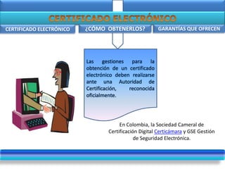 .
CERTIFICADO ELECTRÓNICO GARANTÍAS QUE OFRECEN
Las gestiones para la
obtención de un certificado
electrónico deben realizarse
ante una Autoridad de
Certificación, reconocida
oficialmente.
¿
¿CÓMO OBTENERLOS?
En Colombia, la Sociedad Cameral de
Certificación Digital Certicámara y GSE Gestión
de Seguridad Electrónica.
 