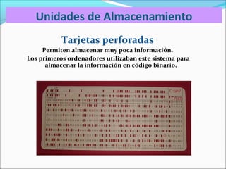 Tarjetas perforadas
Permiten almacenar muy poca información.
Los primeros ordenadores utilizaban este sistema para
almacen...