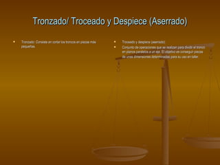 Tronzado/ Troceado y Despiece (Aserrado)


Tronzado: Consiste en cortar los troncos en piezas más
pequeñas.




Troceado y despiece (aserrado):
Conjunto de operaciones que se realizan para dividir el tronco
en planos paralelos a un eje. El objetivo es conseguir piezas
de unas dimensiones determinadas para su uso en taller.

 