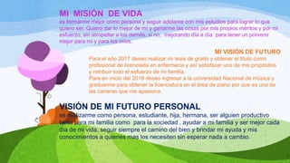 MI MISIÓN DE VIDA
es formarme mejor como persona y seguir adelante con mis estudios para lograr lo que
quiero ser. Quiero dar lo mejor de mí y ganarme las cosas por mis propios méritos y por mi
esfuerzo, sin atropellar a los demás, si no, mejorando día a día para tener un porvenir
mejor para mi y para los míos.

MI VISIÓN DE FUTURO
Para el año 2017 deseo realizar mi tesis de grado y obtener el titulo como
profesional de licenciada en enfermería y así satisfacer uno de mis propósitos
y retribuir todo el esfuerzo de mi familia.
Para en inicio del 2018 deseo ingresar a la universidad Nacional de música y
graduarme para obtener la licenciatura en el área de piano por que es una de
las carreras que me apasiona.

VISIÓN DE MI FUTURO PERSONAL
es realizarme como persona, estudiante, hija, hermana, ser alguien productivo
tanto para mi familia como para la sociedad , ayudar a mi familia y ser mejor cada
día de mi vida, seguir siempre el camino del bien y brindar mi ayuda y mis
conocimientos a quienes mas los necesiten sin esperar nada a cambio.

 