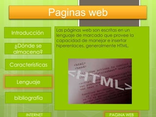 Paginas web
Introducción
¿Dónde se
almacena?

Las páginas web son escritas en un
lenguaje de marcado que provee la
capacidad de manejar e insertar
hiperenlaces, generalmente HTML.

Características
Lenguaje
bibliografía
INTERNET

PAGINA WEB

 
