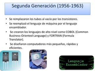 Segunda Generación (1956-1963)
• Se remplazaron los tubos al vacío por los transistores.
• Se reemplazó el lenguaje de máquina por el lenguaje
ensamblador.
• Se crearon los lenguajes de alto nivel como COBOL (Common
Business-Oriented Language) y FORTRAN (Formula
Translator).
• Se diseñaron computadoras más pequeñas, rápidas y
eficientes.

 