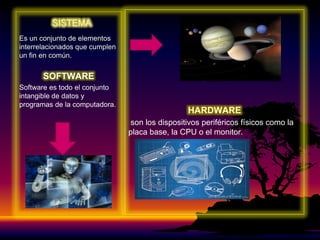 SISTEMA
Es un conjunto de elementos
interrelacionados que cumplen
un fin en común.
SOFTWARE
Software es todo el conjunto
intangible de datos y
programas de la computadora.
son los dispositivos periféricos físicos como la
placa base, la CPU o el monitor.