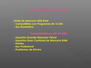 - Limite de Memoria 4GB RAM

- Compatibles con Programas de 16 bits
- Uso Domestico

Características de 64 bits
- - Soportan Grande Memoria Virtual

- Soportan Gran Cantidad de Memoria RAM
- Fluidez
- Uso Profesional
- Problemas de Drivers

 