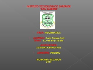 

INSTITUTO TECNOLÓGICO SUPERIOR
“SAN GABRIEL”




ÁREA: INFORMÁTICA

ALUMNO: Juan Carlos Jara
TEMA: S.O de 64 y 32 bits
ASIGNATURA:

SISTEMAS OPERATIVOS


SEMESTRE: PRIMERO
 
RIOBAMBA-ECUADOR
2014

 