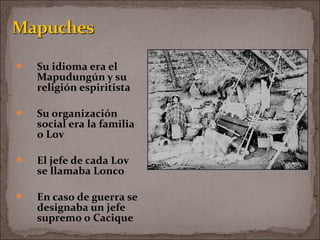  Su idioma era el
Mapudungún y su
religión espiritista
 Su organización
social era la familia
o Lov
 El jefe de cada Lov
se llamaba Lonco
 En caso de guerra se
designaba un jefe
supremo o Cacique
 
