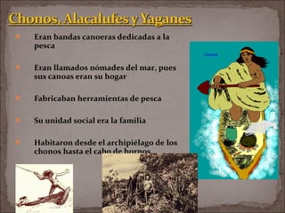  Eran bandas canoeras dedicadas a la
pesca
 Eran llamados nómades del mar, pues
sus canoas eran su hogar
 Fabricaban herramientas de pesca
 Su unidad social era la familia
 Habitaron desde el archipiélago de los
chonos hasta el cabo de hornos
 