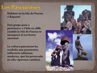  Habitan en la Isla de Pascua
o Rapanui
 Este grupo pasó a
pertenecer a Chile en 1888,
cuando la Isla de Pascua se
incorporó al territorio
nacional
 La cultura pascuense ha
recibido una penetrante
influencia tahitiana
moderna, que ha provocado
en ella vigorosos cambios.
 