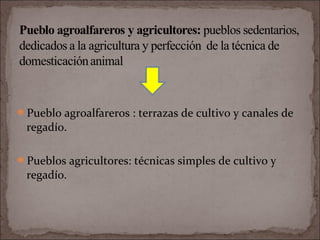 Pueblo agroalfareros : terrazas de cultivo y canales de
regadío.
Pueblos agricultores: técnicas simples de cultivo y
regadío.
 
