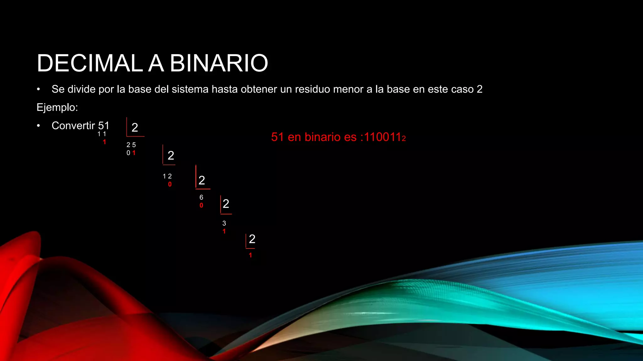 DECIMAL A BINARIO
• Se divide por la base del sistema hasta obtener un residuo menor a la base en este caso 2
Ejemplo:
• Convertir 51 2
2
2
2
2
1 1
1 2 5
0 1
1 2
0
6
0
3
1
1
51 en binario es :1100112
 