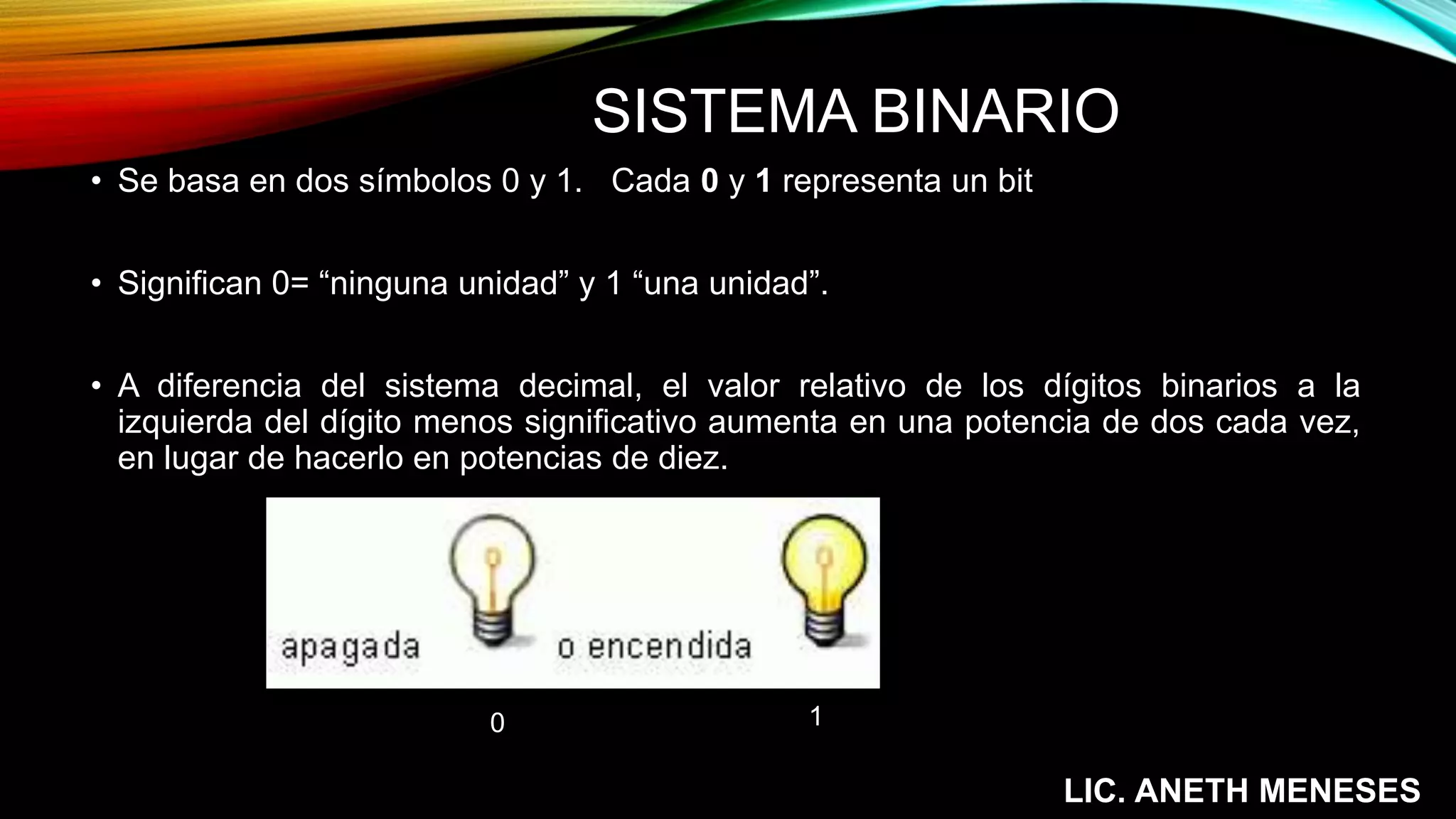SISTEMA BINARIO
• Se basa en dos símbolos 0 y 1. Cada 0 y 1 representa un bit
• Significan 0= “ninguna unidad” y 1 “una unidad”.
• A diferencia del sistema decimal, el valor relativo de los dígitos binarios a la
izquierda del dígito menos significativo aumenta en una potencia de dos cada vez,
en lugar de hacerlo en potencias de diez.
LIC. ANETH MENESES
0 1
 