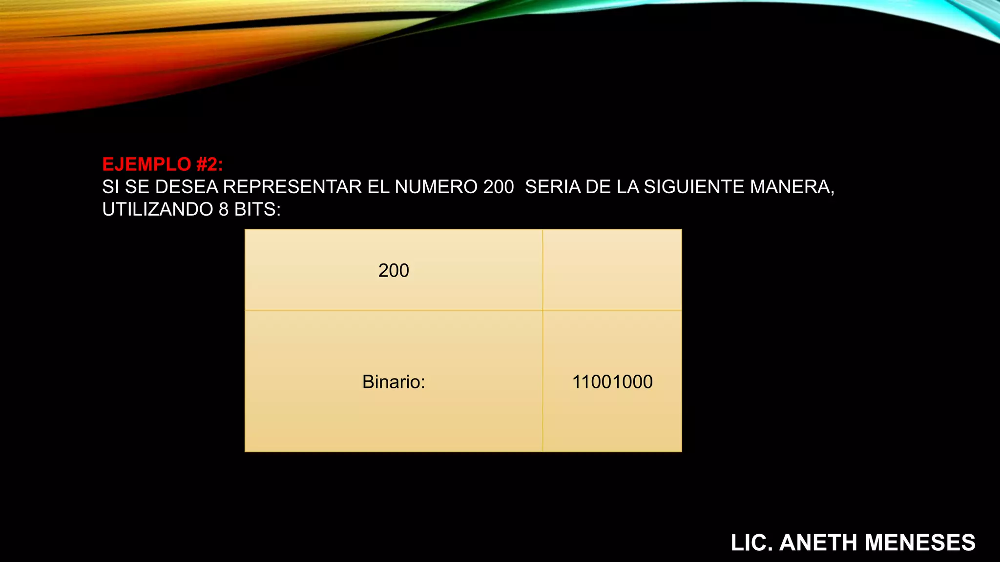 200
Binario: 11001000
EJEMPLO #2:
SI SE DESEA REPRESENTAR EL NUMERO 200 SERIA DE LA SIGUIENTE MANERA,
UTILIZANDO 8 BITS:
LIC. ANETH MENESES
 