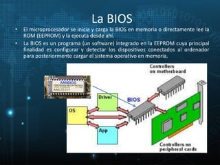 La BIOS 
• El microprocesador se inicia y carga la BIOS en memoria o directamente lee la 
ROM (EEPROM) y la ejecuta desde ahí. 
• La BIOS es un programa (un software) integrado en la EEPROM cuya principal 
finalidad es configurar y detectar los dispositivos conectados al ordenador 
para posteriormente cargar el sistema operativo en memoria. 
12 
Proceso de arranque de un sistema 
microinformático 
 