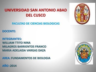 UNIVERSIDAD SAN ANTONIO ABAD 
DEL CUSCO 
FACULTAD DE CIENCIAS BIOLOGICAS 
DOCENTE: 
INTEGRANTES: 
WILLIAM TTITO NINA 
MILAGROS BARRIENTOS FRANCO 
MARIA ADELAIDA VARGAS DAZA 
AREA: FUNDAMENTOS DE BIOLOGIA 
AÑO :2014 
 