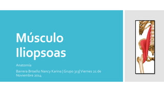 Músculo 
Iliopsoas 
Anatomía 
Barrera Briseño Nancy Karina | Grupo 313| Viernes 21 de 
Noviembre 2014 
 