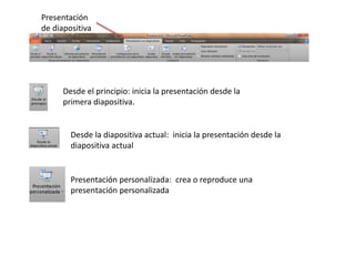 Presentación 
de diapositiva 
Desde el principio: inicia la presentación desde la 
primera diapositiva. 
Desde la diapositiva actual: inicia la presentación desde la 
diapositiva actual 
Presentación personalizada: crea o reproduce una 
presentación personalizada 
 