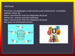 VENTAJAS
Promueve una pedagogía constructivista social (colaboración, actividades
reflexión crítica, etc.
Mayor comunicación entre los integrantes del grupo.
Interacción, continúa actividad intelectual.
Mayor comunicación entre los integrantes del grupo.
Alto grado de interdisciplinariedad.
 