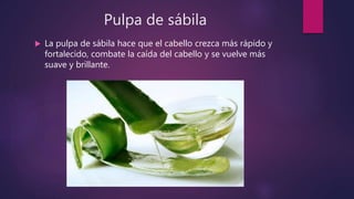 Pulpa de sábila
 La pulpa de sábila hace que el cabello crezca más rápido y
fortalecido, combate la caída del cabello y se vuelve más
suave y brillante.
 
