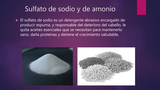 Sulfato de sodio y de amonio
 El sulfato de sodio es un detergente abrasivo encargado de
producir espuma, y responsable del deterioro del cabello, le
quita aceites esenciales que se necesitan para mantenerlo
sano, daña proteínas y detiene el crecimiento saludable.
 