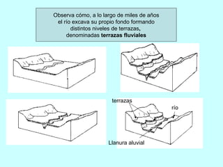 Observa cómo, a lo largo de miles de años el río excava su propio fondo formando distintos niveles de terrazas ,  denominadas  terrazas fluviales río Llanura aluvial terrazas 