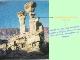 FORMAS DE EROSION EOLICA El   viento arranca los materiales blandos y origina estas formas tan curiosas, semejantes a  hongos 