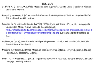 Bibliografía
Bedford, A., y Fowler, W. (2008). Mecánica para Ingeniería. Quinta Edición. Editorial Pearson
Educación. México.
Beer, F., y Johnston, E. (2010). Mecánica Vectorial para Ingenieros. Estática. Novena Edición.
Editorial McGraw Hill. México.
Facultad de Estudios a Distancia (FAEDIS). (1996). Fuerzas internas. Portal electrónico de la
Universidad Militar Nueva Granada. Recuperado de:
http://virtual.umng.edu.co/distancia/ecosistema/ovas/ingenieria_industrial/mecanica_d
e_solidos/unidad_6/medios/documentacion/p7h1.php [Consulta: 21 de diciembre de
2021]
Hibbeler, R. (2004). Mecánica Vectorial para Ingenieros. Estática. Décima Edición. Editorial
Pearson Educación. México.
Meriam, J., y Kraige, L. (1999). Mecánica para Ingenieros. Estática. Tercera Edición. Editorial
Reverté, S.A. Barcelona, España.
Pytel, A., y Kiusalaas, J. (2012). Ingeniería Mecánica. Estática. Tercera Edición. Editorial
Cengage Learning. México.
 