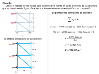Ejemplo:
Utilice el método de los nodos para determinar la fuerza en cada elemento de la armadura
que se muestra en la figura. Establezca si los elementos están en tensión o en compresión.
Se elabora el diagrama de cuerpo libre
Se plantean las condiciones de equilibrio
𝑀𝐸 = 0
𝐹 3 𝑚 − 900 𝑁𝑒𝑤 2,25 𝑚 − 900 𝑁𝑒𝑤 4,5 𝑚 = 0
𝐹 3 𝑚 − 2025 𝑁𝑒𝑤. 𝑚 − 4050 𝑁𝑒𝑤. 𝑚 = 0
𝐹 =
6075 𝑁𝑒𝑤. 𝑚
3 𝑚
𝐹 = +2025 𝑁𝑒𝑤
𝑭 = 𝟐𝟎𝟐𝟓 𝑵𝒆𝒘 ↑
 