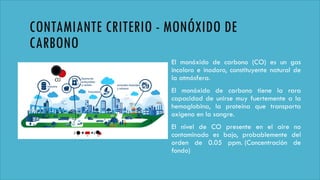 CONTAMIANTE CRITERIO - MONÓXIDO DE
CARBONO
El monóxido de carbono (CO) es un gas
incoloro e inodoro, constituyente natural de
la atmósfera.
El monóxido de carbono tiene la rara
capacidad de unirse muy fuertemente a la
hemoglobina, la proteína que transporta
oxígeno en la sangre.
El nivel de CO presente en el aire no
contaminado es bajo, probablemente del
orden de 0.05 ppm. (Concentración de
fondo)
 
