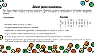 Características.
Ácidos grasos saturados.
No poseen dobles enlaces en su cadena.
Son generalmente sólidos a temperatura ambiente.
Se encuentran en alimentos de origen animal, y las excepciones son el aceite de coco y de palma.
La grasa saturada aumenta el colesterol más que cualquier otro tipo de grasa.
El exceso de grasas saturadas puede aumentar la biosíntesis de colesterol y tiene efecto trombogénico.
En general proceden de las grasas animales (carnes grasas, matequillas, mantecas), a excepción de la grasa de palma y la de coco
que, aunque son de origen vegetal, son grasas fundamentalmente saturadas.
Sólo tienen enlaces sencillos entre átomos de carbono adyacentes, contienen todos los átomos de hidrógeno que pueden;
no contienen dobles enlaces, lo que les confiere una gran estabilidad y la característica de ser sólidos a temperatura
ambiente.
 