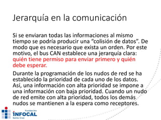 Jerarquía en la comunicación
Si se enviaran todas las informaciones al mismo
tiempo se podría producir una “colisión de datos”. De
modo que es necesario que exista un orden. Por este
motivo, el bus CAN establece una jerarquía clara:
quién tiene permiso para enviar primero y quién
debe esperar.
Durante la programación de los nudos de red se ha
establecido la prioridad de cada uno de los datos.
Así, una información con alta prioridad se impone a
una información con baja prioridad. Cuando un nudo
de red emite con alta prioridad, todos los demás
nudos se mantienen a la espera como receptores.
 